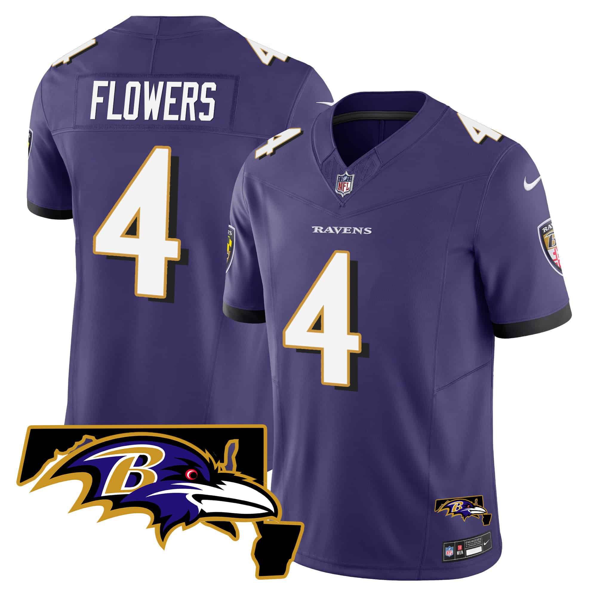 Men Baltimore Ravens #4 Flowers Purple 2024 Nike Maryland Patch Vapor Limited NFL Jersey style 1